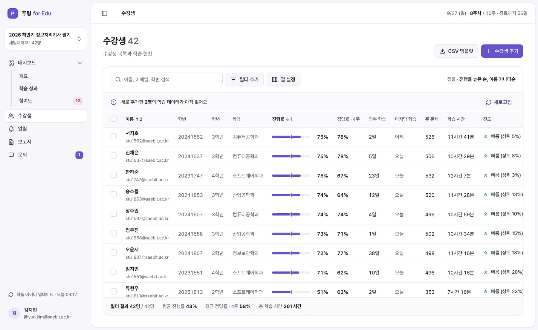 진행률·정답률·마지막 학습으로 정렬한 수강생 목록 화면